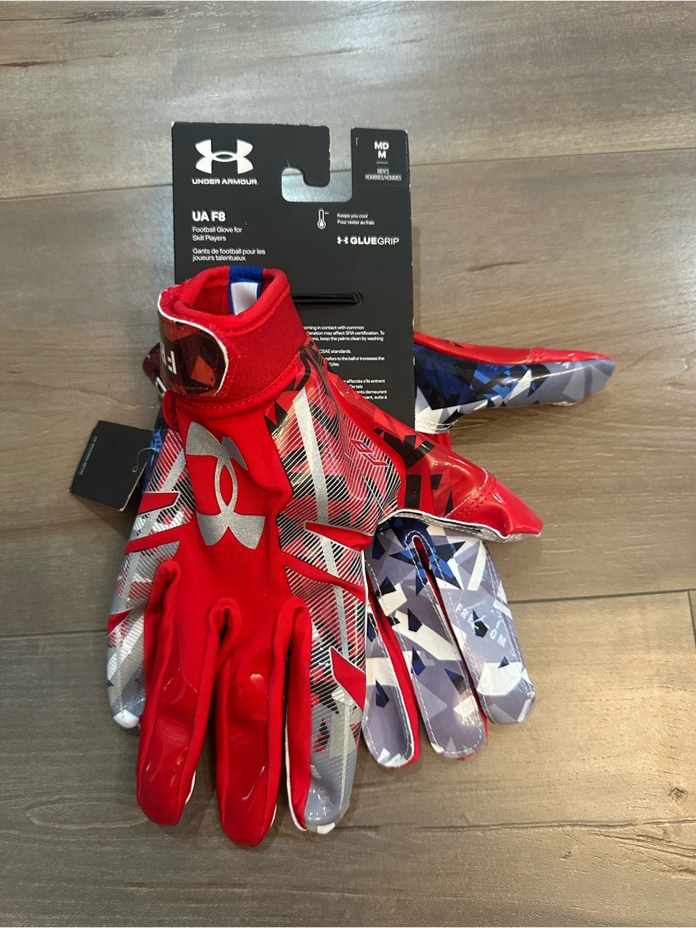 Under Armour UA F8 Freedom USA Red & Silver Youth Football Gloves - GlueGrip